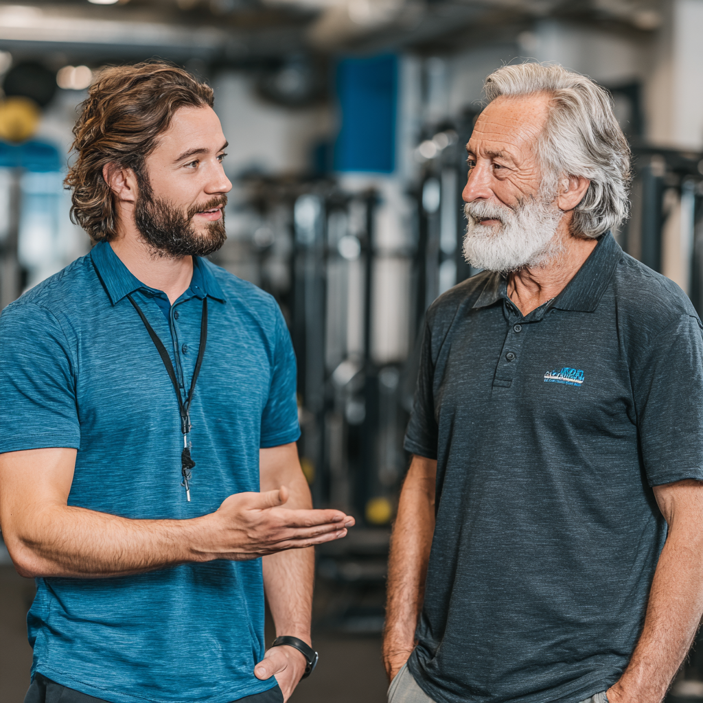 Професійний тренер 50 років консультує клієнта щодо правильного виконання вправ у сучасному фітнес-залі, демонструє індивідуальний підхід