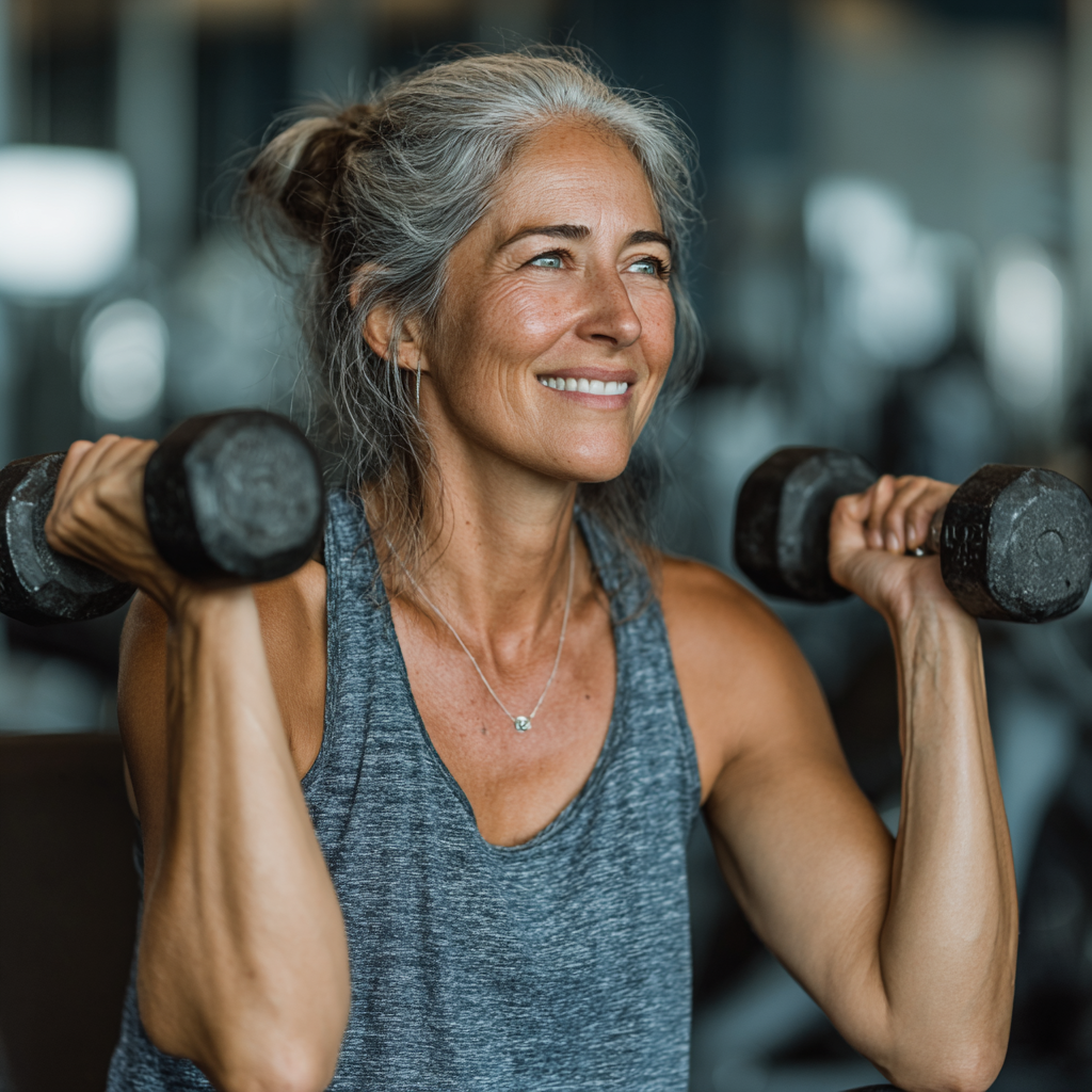 Щаслива жінка 55 років виконує силові вправи з гантелями у фітнес-залі, посміхається та демонструє відмінну фізичну форму