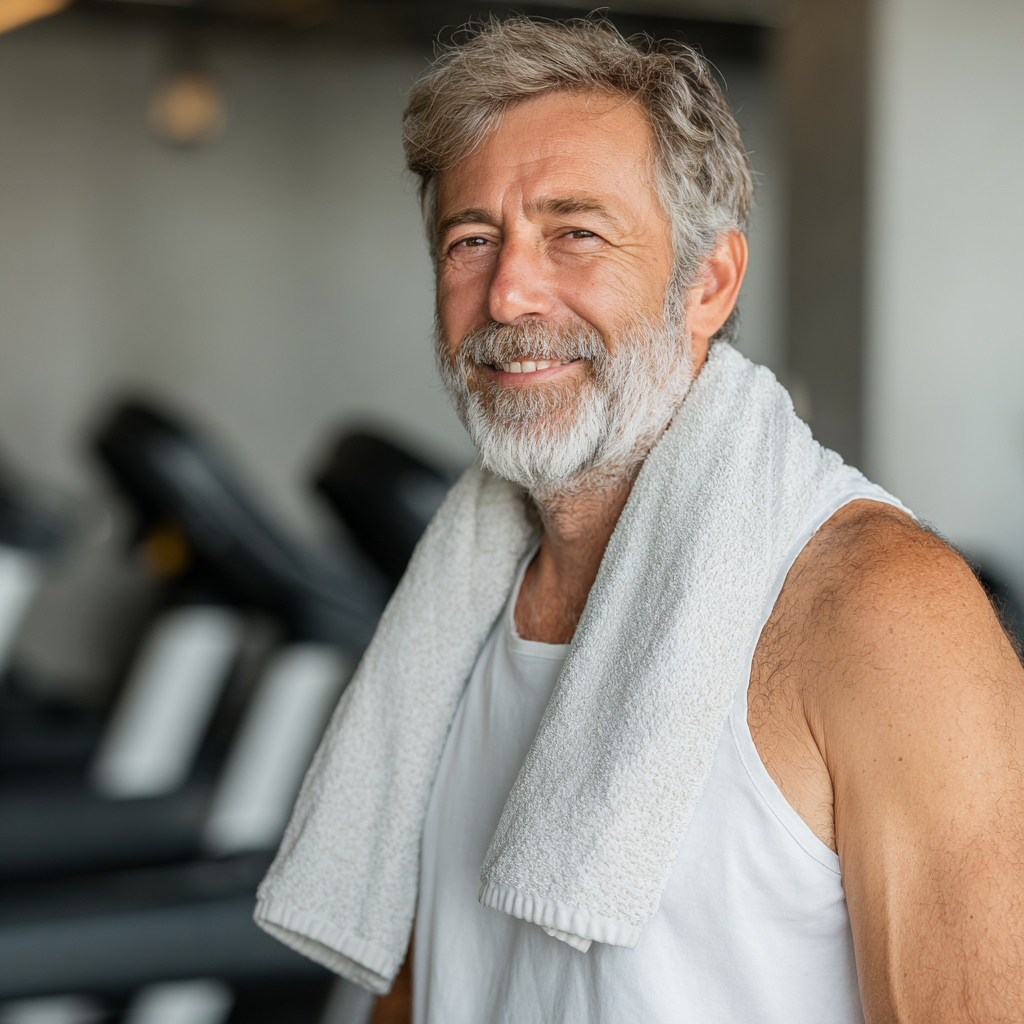 Щасливий чоловік 58 років після успішного завершення тренування у фітнес-залі, тримає рушник на плечах та посміхається, демонструючи задоволення від занять